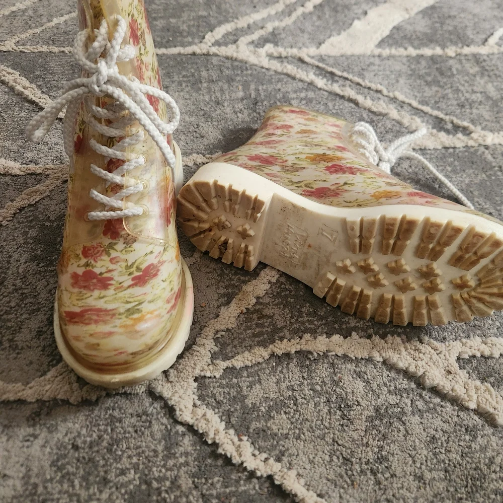 Dirty Laundry Floral Clear Rain Boots - Pink, Cream, Green